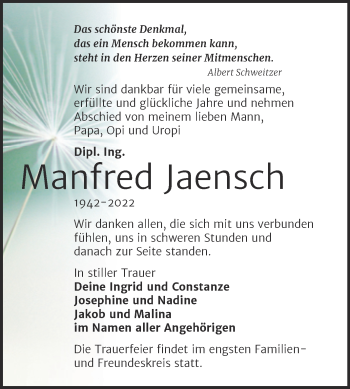 Traueranzeige von Manfred Jaensch von Trauerkombi Aschersleben
