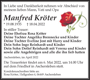 Traueranzeige von Manfred Kröter von Trauerkombi Aschersleben