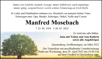 Traueranzeige von Manfred Mosebach von Trauerkombi Sangerhausen