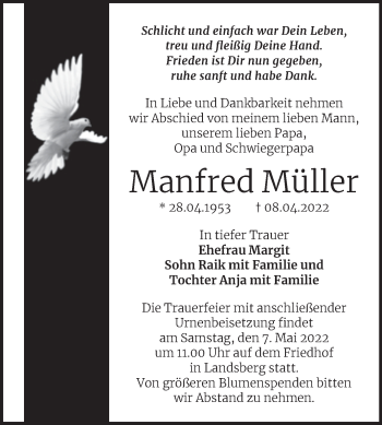 Traueranzeige von Manfred Müller von Mitteldeutsche Zeitung Halle/Saalkreis