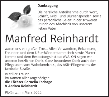 Traueranzeige von Manfred Reinhardt von Mitteldeutsche Zeitung Halle/Saalkreis