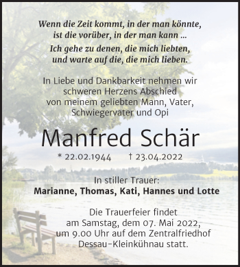 Traueranzeige von Manfred Schär von Trauerkombi Dessau