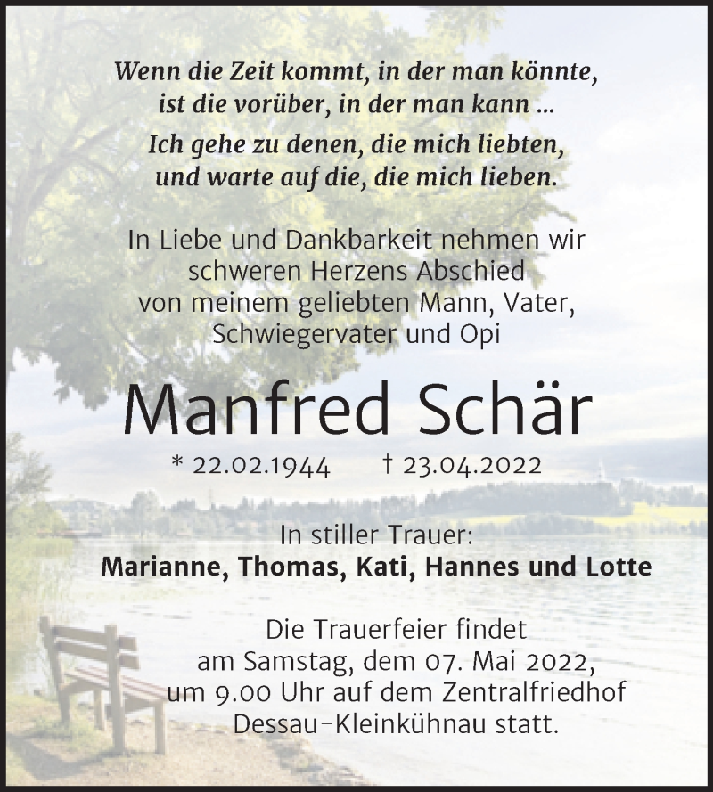  Traueranzeige für Manfred Schär vom 30.04.2022 aus Trauerkombi Dessau