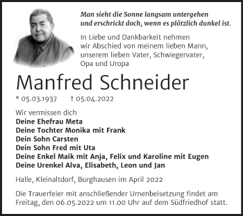 Traueranzeige von Manfred Schneider von Mitteldeutsche Zeitung Halle/Saalkreis
