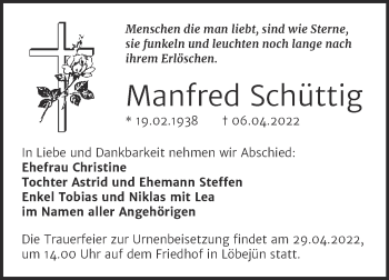 Traueranzeige von Manfred Schüttig von Mitteldeutsche Zeitung Halle/Saalkreis