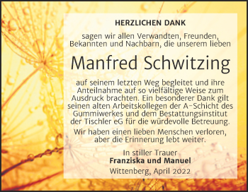 Traueranzeige von Manfred Schwitzing von Trauerkombi Wittenberg