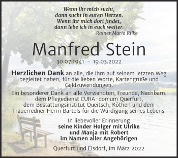 Traueranzeige von Manfred Stein von Trauerkombi Köthen