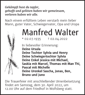 Traueranzeige von Manfred Walter von Trauerkombi Sangerhausen