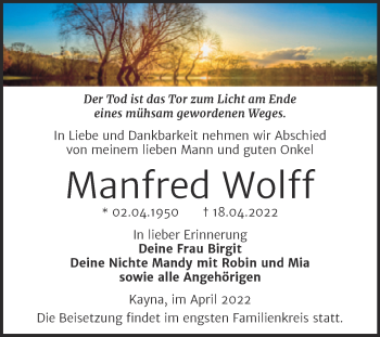 Traueranzeige von Manfred Wolff von Trauerkombi Zeitz