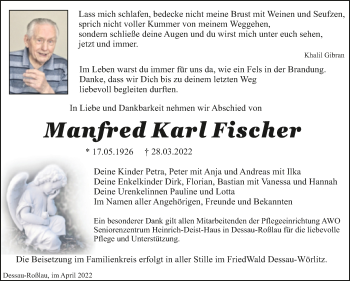 Traueranzeige von Manfred Karl Fischer von Trauerkombi Dessau