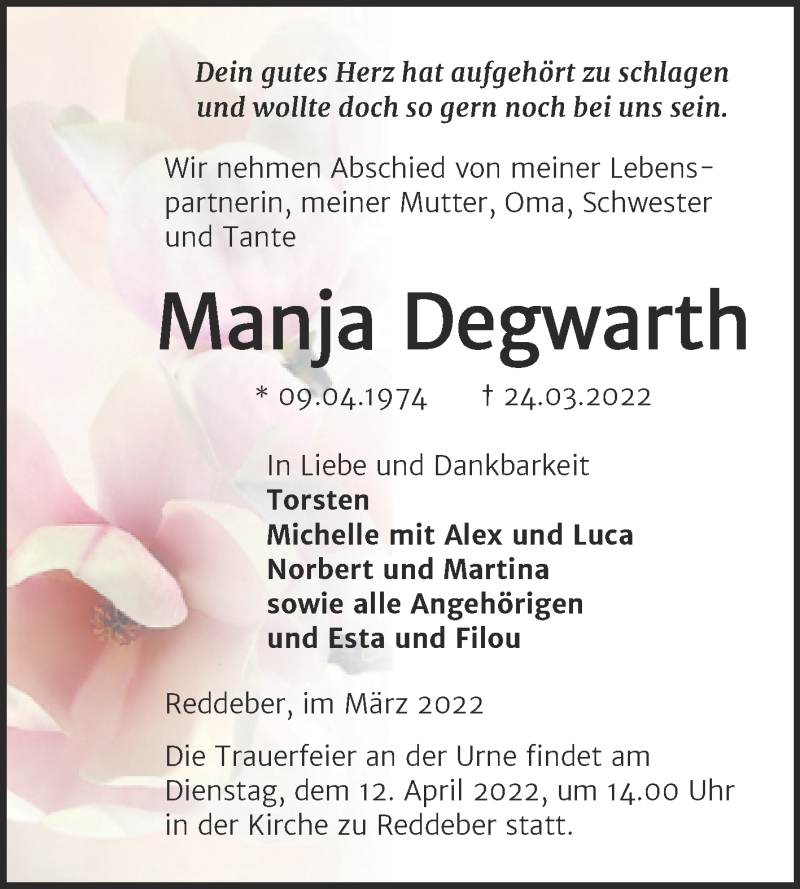  Traueranzeige für Manja Degwarth vom 02.04.2022 aus Mitteldeutsche Zeitung Mansfelder Land