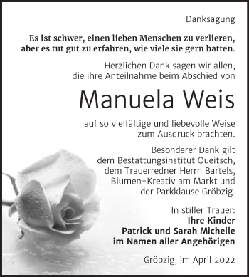 Traueranzeige von Manuela Weis von Trauerkombi Köthen
