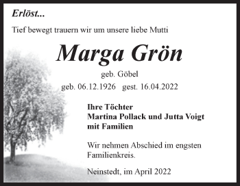 Traueranzeige von Marga Grön von Trauerkombi Quedlinburg