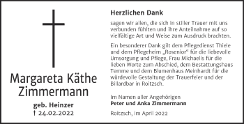Traueranzeige von Margareta Käthe Zimmermann von Trauerkombi Bitterfeld