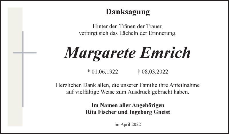 Traueranzeige für Margarete Emrich vom 16.04.2022 aus Trauerkombi Bitterfeld