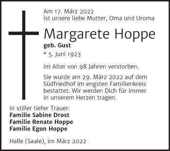 Traueranzeige von Margarete Hoppe von Mitteldeutsche Zeitung Halle/Saalkreis