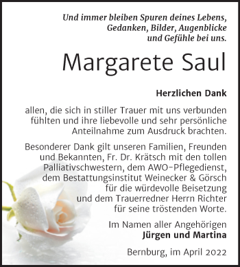 Traueranzeige von Margarete Saul von Trauerkombi Bernburg