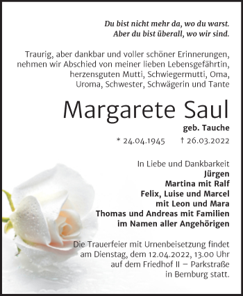Traueranzeige von Margarete Saul von Trauerkombi Bernburg