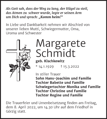 Traueranzeige von Margarete Schmidt von Trauerkombi Köthen