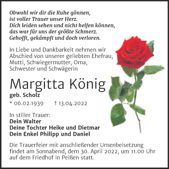 Traueranzeige von Margitta König von Mitteldeutsche Zeitung Halle/Saalkreis