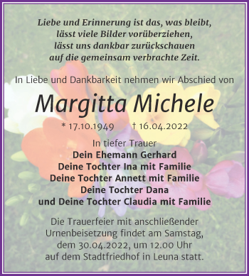 Traueranzeige von Margitta Michele von Trauerkombi Merseburg