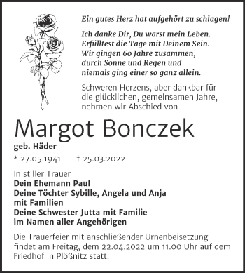 Traueranzeige von Margot Bonczek von Mitteldeutsche Zeitung Halle/Saalkreis