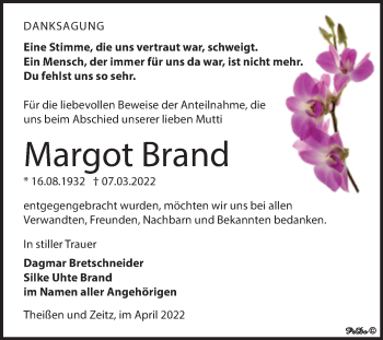 Traueranzeige von Margot Brand von Trauerkombi Zeitz
