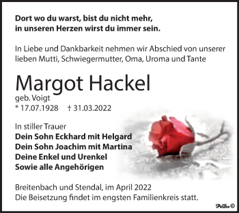 Traueranzeige von Margot Hackel von Trauerkombi Zeitz