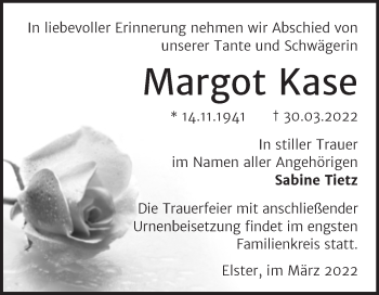 Traueranzeige von Margot Kase von Trauerkombi Wittenberg