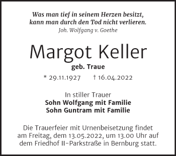 Traueranzeige von Margot Keller von Trauerkombi Bernburg