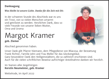 Traueranzeige von Margot Kramer von Trauerkombi Sangerhausen
