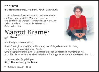 Traueranzeige von Margot Kramer von Trauerkombi Sangerhausen