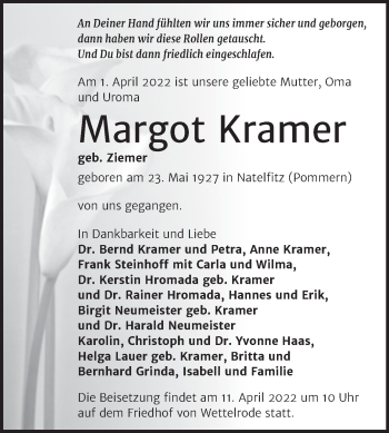 Traueranzeige von Margot Kramer von Trauerkombi Sangerhausen