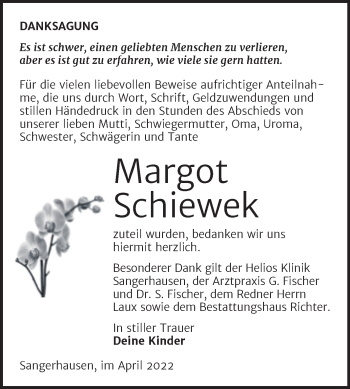 Traueranzeige von Margot Schiewek von Trauerkombi Sangerhausen