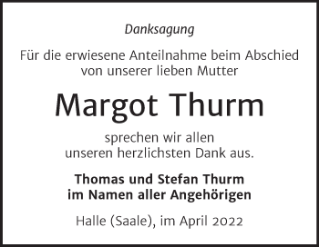 Traueranzeige von Margot Thurm von Mitteldeutsche Zeitung Halle/Saalkreis