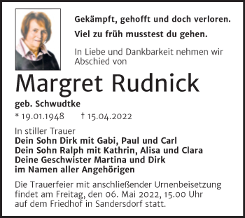 Traueranzeige von Margret Rudnick von Trauerkombi Bitterfeld