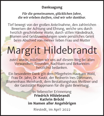 Traueranzeige von Margrit Hildebrandt von Trauerkombi Sangerhausen