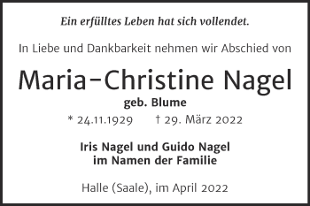 Traueranzeige von Maria-Christine Nagel von Mitteldeutsche Zeitung Halle/Saalkreis