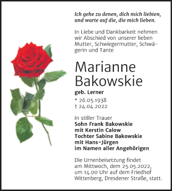 Traueranzeige von Marianne Bakowskie von Trauerkombi Wittenberg