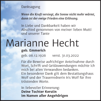 Traueranzeige von Marianne Hecht von Trauerkombi Weißenfels