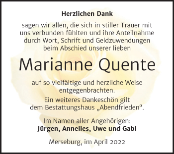 Traueranzeige von Marianne Quente von Trauerkombi Merseburg