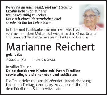 Traueranzeige von Marianne Reichert von Trauerkombi Köthen