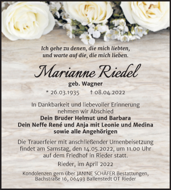 Traueranzeige von Marianne Riedel von Trauerkombi Quedlinburg