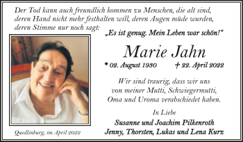 Traueranzeige von Marie Jahn von Trauerkombi Quedlinburg