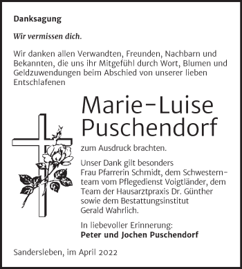 Traueranzeige von Marie-Luise Puschendorf von Trauerkombi Mansfelder Land
