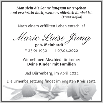 Traueranzeige von Marie Luise Jung von Trauerkombi Merseburg