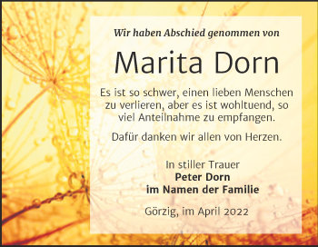 Traueranzeige von Marita Dorn von Trauerkombi Köthen
