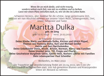 Traueranzeige von Maritta Dulka von Trauerkombi Weißenfels