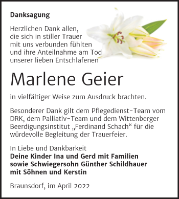Traueranzeige von Marlene Geier von Trauerkombi Wittenberg