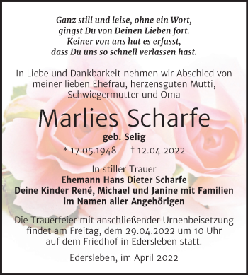Traueranzeige von Marlies Scharfe von Trauerkombi Sangerhausen